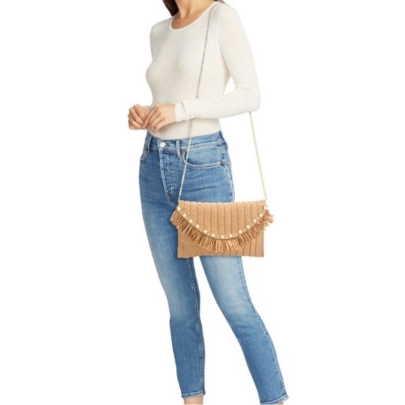 Sol And Mer Handbags - Sol and Mer Paper Straw Faux Pearl Convertible Envelope Clutch With Chain
